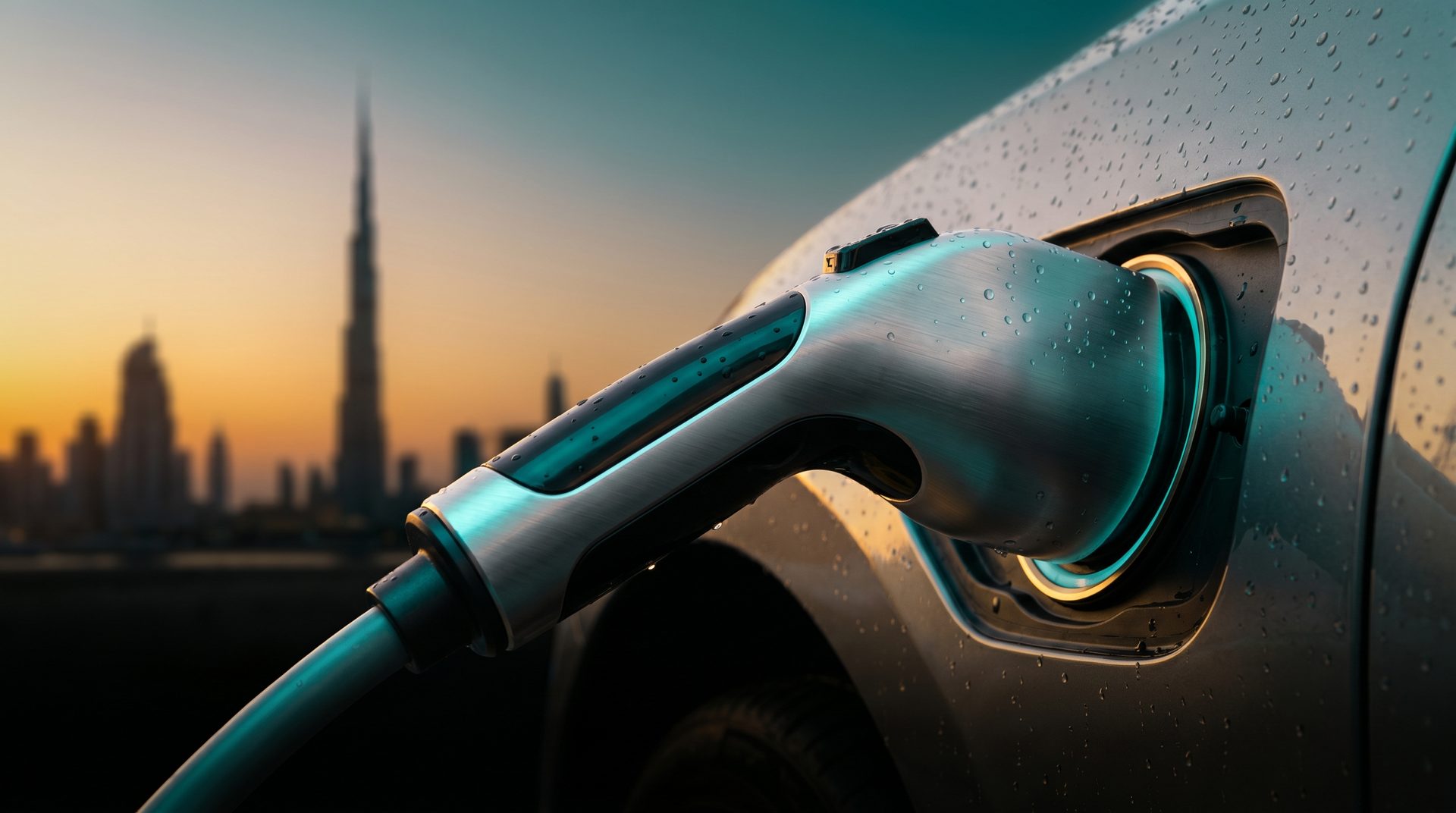 EV charging connector plugged into a car with the Dubai skyline at dusk