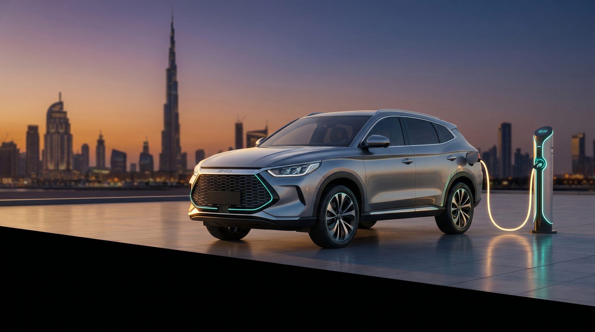A Chinese electric SUV charging at a station with the Dubai skyline at dusk