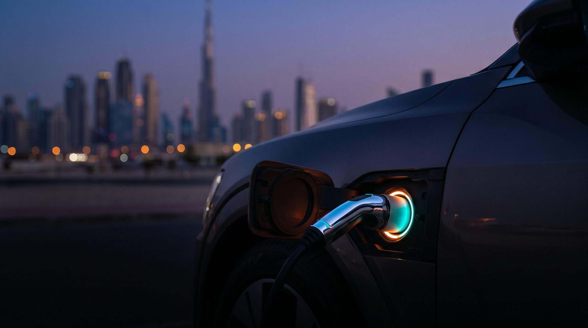An EV charging connector with a status light plugged into a car at dusk in Dubai